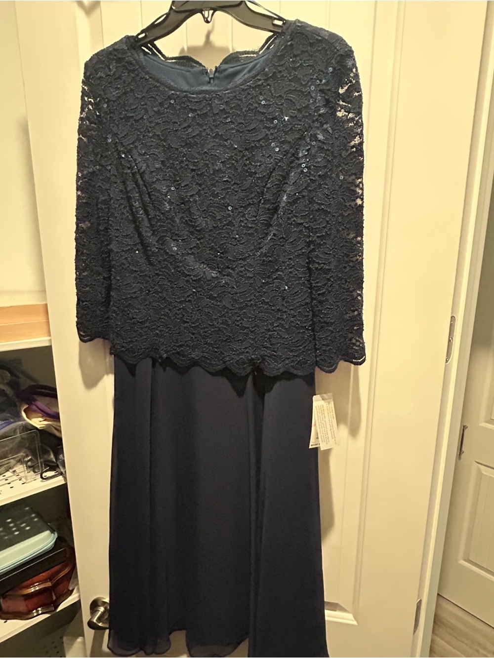 Alex Evenings Navy Long Sleeve Lace & Chiffon Evening Gown